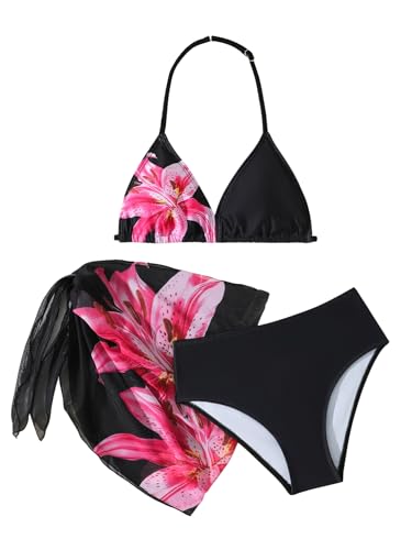 Image of SEGT Girl's 3 Piece Striped Bikini Swimwear Cute Swimsuits Bathing Suit High Waisted with Cover Up Beach Skirt