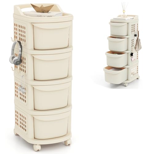 HOMASIS Carrello con 3/4 Cassetti, Pannello Forato, Maniglia e 6 Ganci, Carrello Portaoggetti con Ruote, Organizer Multiuso, Cassettiera Plastica da Cucina, Bagno, Ufficio, Beige (38 x 32 x 86 cm)