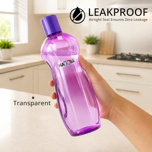 Image of Nayasa Loopy 1000 ML Pet Plastic Fridge Water Bottles Set of 6 | BPA Free | Leak Proof | Airtight Lid | Purple