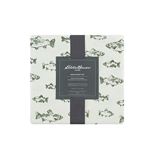 Image of Eddie Bauer - Flannel Sheets Full Size, Anti-Pilling & Wrinkle Resistant Cotton, Touchably Soft for All-Season Comfort - Bed Sheets with Matching Pillowcases & Fitted Sheet (School of Fish Green)