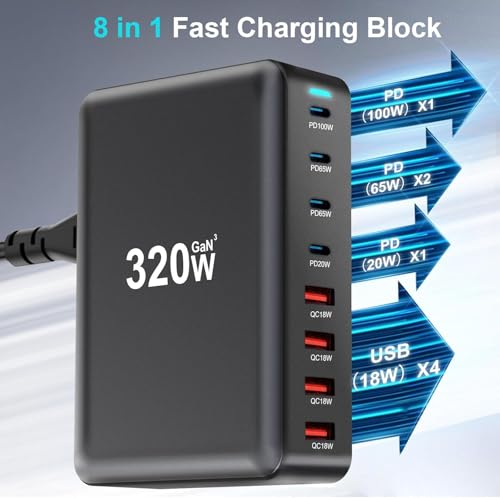 Image of TECHBLAZE 320 W GaN 3 Super Fast Charger Adapter, 8-Port (4 USB A+ 4 Type- C) with PD Technology, Universal for iPhone, Android, MacBook, Type-C Laptops, Compact Multi-Device Charging Solution.