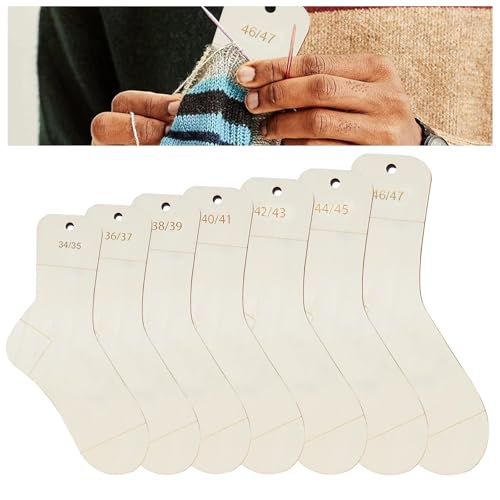 GOEDCH Sockenbretter Set: 7 Stück Sockenbretter Größe 34-47,DIY Gewebte Socken Holzmodell, Hölzerne Sockenblocker zum Stricken und Häkeln,Sockenschablone, Sockenspanner mit Größenangabe