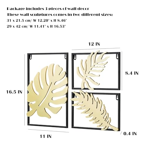 Image of SHREE 'O' GREEN TECH Gold Metal Wall Decor Leaf Wall Hanging Decoration, Set of 3 Metal Wall Art Home Decor for Living Room Office Bedroom Hotel (Design -1)