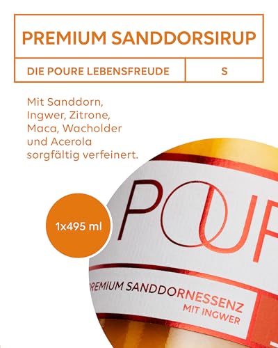 Poura Sanddornsirup 495ml vegan 100% natürlich - Mit Vitamin C für eine normale Funktion des Immunsystems, Sirup mit 26% Sanddorn-Saft, Mit Ingwer, Maca, Wacholder & Acerola