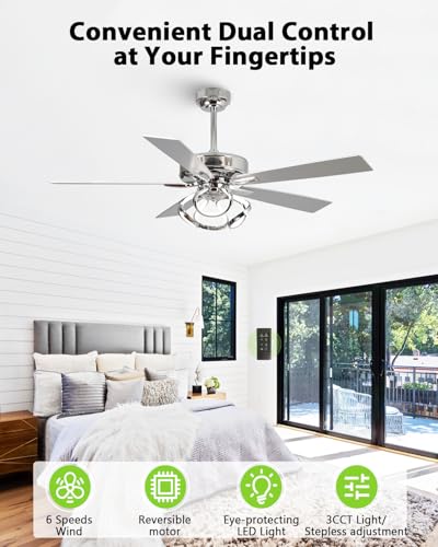 Image of Ceiling Fans with Lights and Remote - Modern Silver Ceiling Fan with Light and Remote, 3CCT, 6 Speeds, Quiet, Dual-Sided Reversible Blades Indoor Outdoor Chandelier Fan for Bedroom Living Room