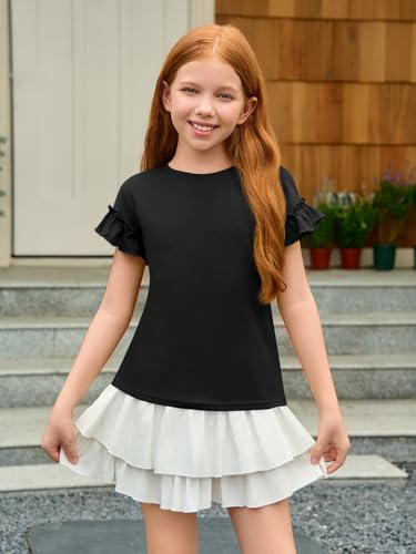 Image of Haloumoning Girls Ruffle Short Sleeve T Shirts Kids Summer Crewneck Tops Cute Tees Blouse 5-14 Years