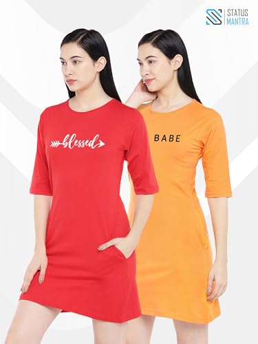 Image of STATUS MANTRA Long T-Shirt Dress for Women - Cotton Knee Length T Shirt Top | 3 /4th Sleeves, Soft Bio-Washed Fabric | Stylish Regular Fit Crew Neck