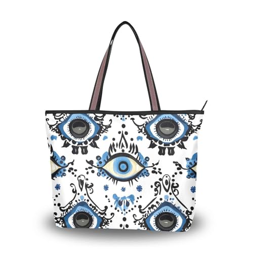 Women's Tote Bag Evil Eye Pattern Print, Large Capacity Zipper Shoulder Bag Handbag Reusable Grocery Bag Large