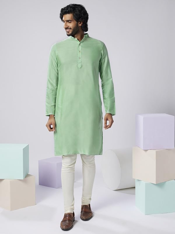 Image of KISAH Men's Kurta Jacket Churidar Set, Sea Green Art Silk, Embroidered Long Sleeves Regular Fit Mandarin Collar
