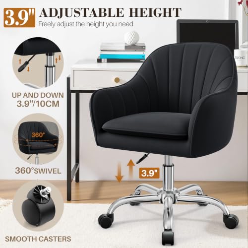 Image of Home Office Desk Chair, Vanity Chair with Wheels, Adjustable Modern Velvet Makeup Chairs for Bedroom Living Room-Black (Silver Base)