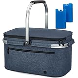 ALLCAMP Picnic Basket - 32L Insulated Cooler, Thickening Foldable Picnic Basket with Removable Baskets & Sewn-in Frame, Basket for House Warming Gifts New Home(Blue)