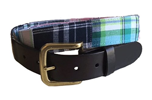 Mens Pink Plaid Leather Belt, Leather Tab and Buckle, Multi Color Plaid Fabric and Leather Belt
