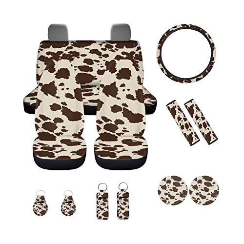 Instantarts Brown Cow Hide Car Accessories 13 Packs Vehicle Bucket Seat Covers + Seat Belt Pads + Cup Mat Pad + Lip Gloss Tube Sleeve + Keychain + Steering Wheel Cover #TOP11