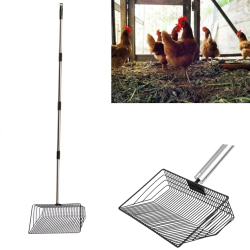 Image of 10inch Extra Large Metal Chicken Poop Scooper, 33 inch to 60 inch Chicken Coop Litter Scoop with Stainless Steel Long Handle&Deep Sifting Shovel, Heavy Duty Chicken Coop Accessories for Sand, Non-Stick