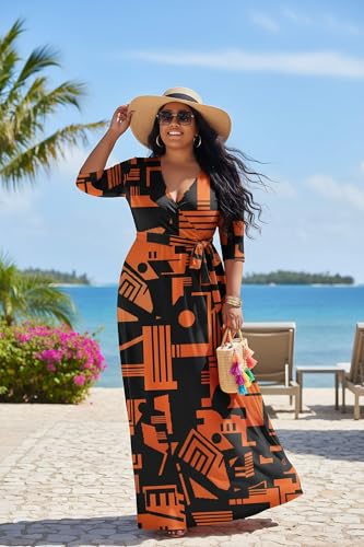 Image of Runwind Plus Size Dresses for Women Floral Maxi Dress Flowy 3 /4 Sleeve with Belt