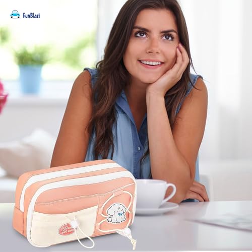 Image of FunBlast Pencil Pouch for Girls - Aesthetic Multi-Compartment Zipper Pouch with Drawstring Pocket, Cute Kawaii Pencil Case, Stylish Stationery Pouch, Return Gift for Kids & School Use (Pink)