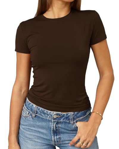 Abardsion Women's Casual Basic Going Out Crop Tops Slim Fit Short Sleeve Crew Neck Tight T Shirts 2026 (Deep Brown, M)