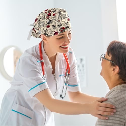 Image of Butterfly Scrub Cap Women with Ponytail & Buttons Adjustable Surgical Nurse Hat with Cotton Sweatband for Long Hair