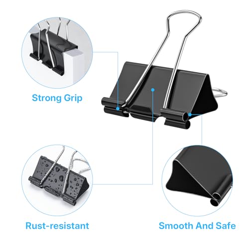 Image of OWLKELA 64 Pack Binder Clips, 1.6 Inch, Black | Large Paper Clamps,Ideal for Home Supplies, School, Office and Business