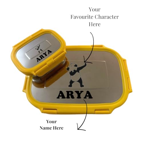 Image of Namoh Customization Personalized Tiffin | Customized Lunch Box | Personalized Lunch Box with Bottle with Name and Cartoon | Customized Tiffin with Bottle Leak. (Yellow)