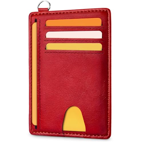 Image of Mayski Slim Wallet, Credit Card Holder for Women, Minimalist Front Pocket RFID Blocking Card Cases, Small Wallet Women Men(Oiled Wax Cherry)