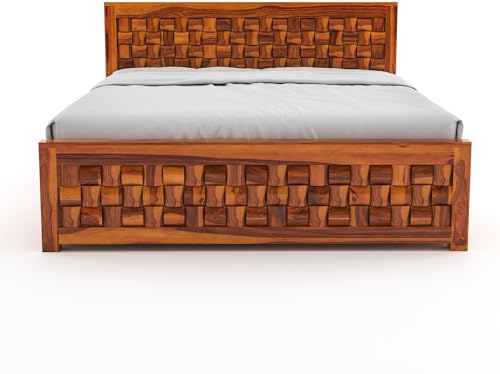 Image of Furniture Sheesham Wood King Size Bed with Storage Box | Wooden Box Bed King Size Double Cot Bed with Storage for Bedroom | Premium Niwar Design Headboard Bed for Living Room | Honey Finish