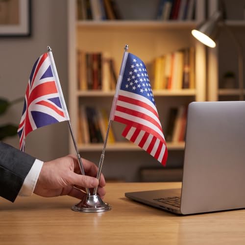 PATKAW Mały Flag Stołowych Usa i Wielkiej Brytanii z Metalową Podstawą Dwustronny Druk Poliester Trwały Stojak Biurko Do Dekoracji Konferencyjnych i Spotkań Biznesowych