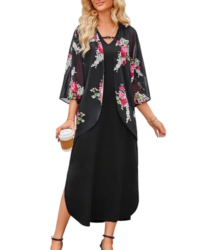 Honwenle Women's Summer Maxi Dress 2 Piece Floral Outfit Sleeveless Loose Split Dresses with Jacket Casual Formal Black