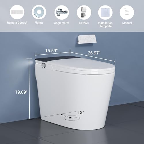 Smart One-Piece Toilet with Heated Seat, Instant Warm Water Bidet, Air Dryer, Auto Flush, Foot Sensor Flush, Seat Sensor Flush, White Ambient Light, Manual Open Lid, Comfortable for Modern Bathrooms