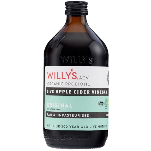 WILLYS Apple Cider Vinegar with Live Mother - Probiotics For Detox & Gut Health - 500ML Glass Bottle - Organic Raw Unpasteurised Naturally Fermented ACV