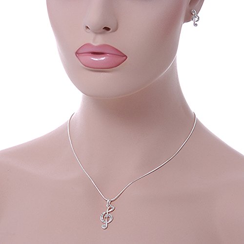 Colgante de clave de sol de cristal transparente con cadena plateada extensible y pendientes 3