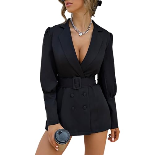 cffvdiz Blazer Dress for Women Long Sleeve Lapel Double Breasted Slim Bodycon Short Dresses with Belt
