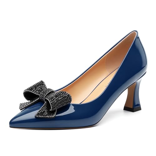 Image of Heels for Women Closed Patent Pointed Toe Bow Pumps Slip on Kitten Low Heels Wedding Party Dress Office Shoes 2.5Inch