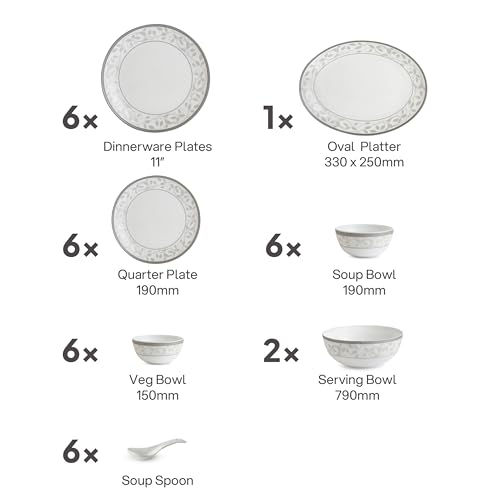 Image of Cello Divine Opalware Divine Silver Dinner Set, 33 Units | Microwave & Dishwasher Safe | Light-Weight & Thermal Resistant | Crockery Set for Dining & Gifting