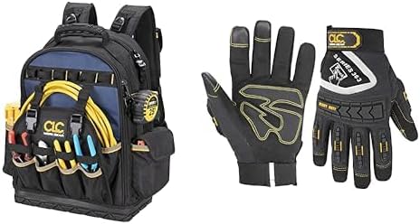 CLC Work Gear 38-Pocket Molded Base Tool Backpack (Black/Blue) with Heavy Duty Work Gloves Size M Bundle