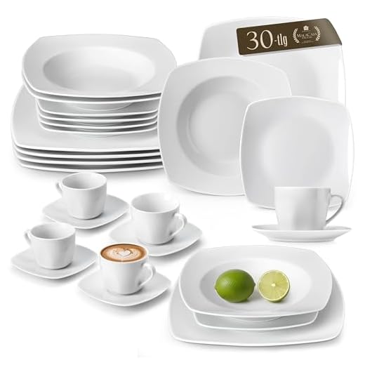 MALACASA, Julia-serien, middagsservering 30-delars porslinsservis med 6 kaffekoppar, 6 fat, 6 kakplattor, 6 soppfat och 6 platta kaffeservetter för 6 personer