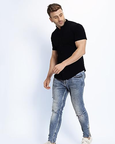 Image of EYEBOGLER Mens Cotton Blend Henley Neck Half Sleeve Solid Button Style Tshirt