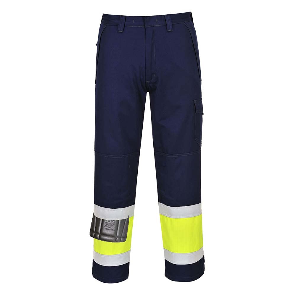 Portwest MV26 Pantalone Modaflame Alta visibilità Banda Ignifuga Resistente | Giallo/Blu navy, XL, EN ISO 20471 Classe 1, EN ISO 11612, Unisex, Tasca per Telefonino Nascosta, Zip in Ottone Durevoli