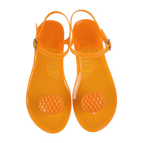 Women's T-Strap Jelly Sandals, Transparent Flat Flip Flops, Cute Summer Beach Shoes with Fun Fruit or Bow Accent, Comfortable Casual Slip-On (Mango,8.5)