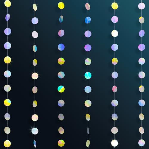 Iridescent Shining Circle Dot Hanging Garland, 52Ft Round Sparkling Laser Streamer Holographic Banner for Birthday Bridal Baby Shower Valentines Anniversary Party Decoration Supplies