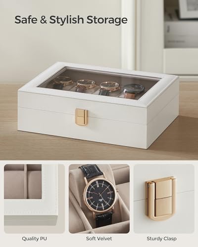 Image of SONGMICS Watch Box, 10-Slot Watch Case Organizer with Large Glass Lid, Removable Pillows, Gift for Loved Ones, Cloud White Synthetic Leather, Cappuccino Beige Lining UJWB010W01