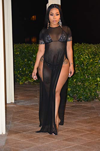 Women's Sexy See Through Mesh Swimwear Cover Ups Short Sleeve Split Maxi Dresses #TOP4