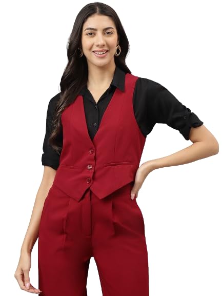 Women Red V-Neck Sleeveless Solid Waistcoat For Casual Wear