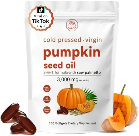 Pumpkin Seed Oil Capsules 3000mg, Pumpkin Seed Oil for Hair Growth, Cold Pressed Pure Virgin, Essential Fatty Acids, Non-GMO, 180 Softgels