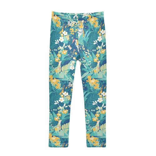 Botanical Green Tigers Pattern Kids Girl's Athletic Leggings Casual Full Length Leg Yoga Pants Running