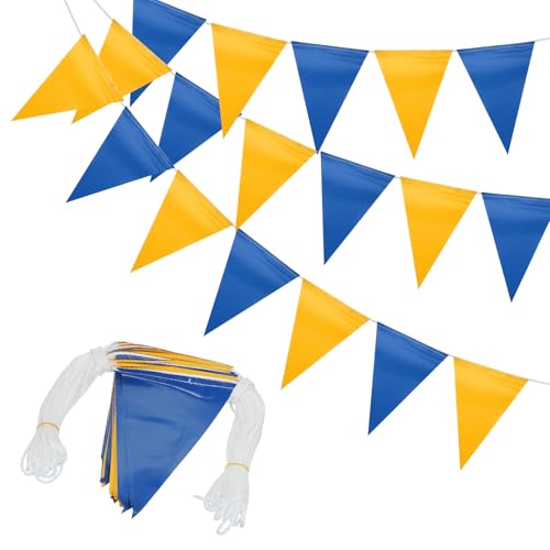 MECCANIXITY - MECCANIXITY 102Ft Pennant Banner Flags, 7"x10" Flagging Banner Warning Flags 500lbs Rated Marking Flags for Traffic Barrier Line Construction Site (Blue/Yellow, 45 Flags)