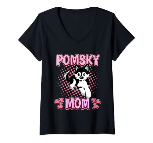 Damen Damen Pomsky Mom Mama Muttertag Pomsky T-Shirt mit V-Ausschnitt