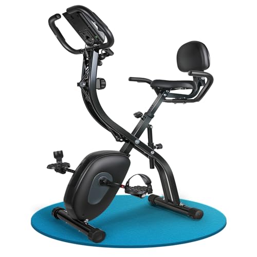 Bicicleta Estática Plegable, 10 Niveles de Resistencia Magnética Ajustable,Pantalla LCD y Sensor de Frecuencia Cardíaca. Pulso Max 150KG Para Casa Con Banda de Resistencia