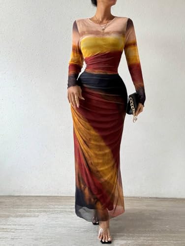 Image of LIGHT DOT Women's Printed Bodycon Maxi Dress Long Sleeve Tie Dye Mesh Ruched Cocktail Dress