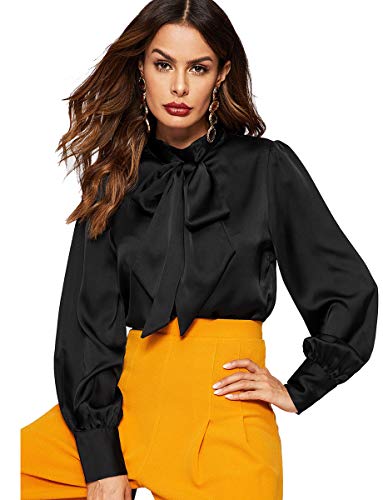 Romwe Women's Satin Bishop Sleeve Bow Tie Neck Casual Office Work Blouse Shirts Tops Black L